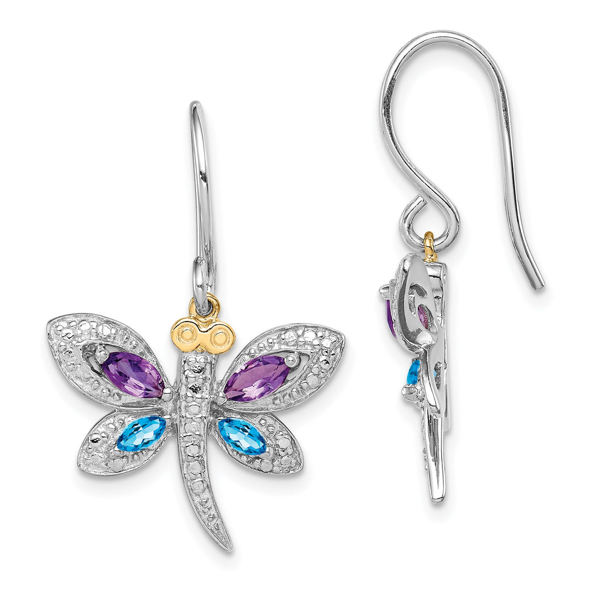 Sterling Silver Dragonfly Dangle Earrings with Amethyst and Blue Topaz, Textured Wings, Gold-Tone Accent