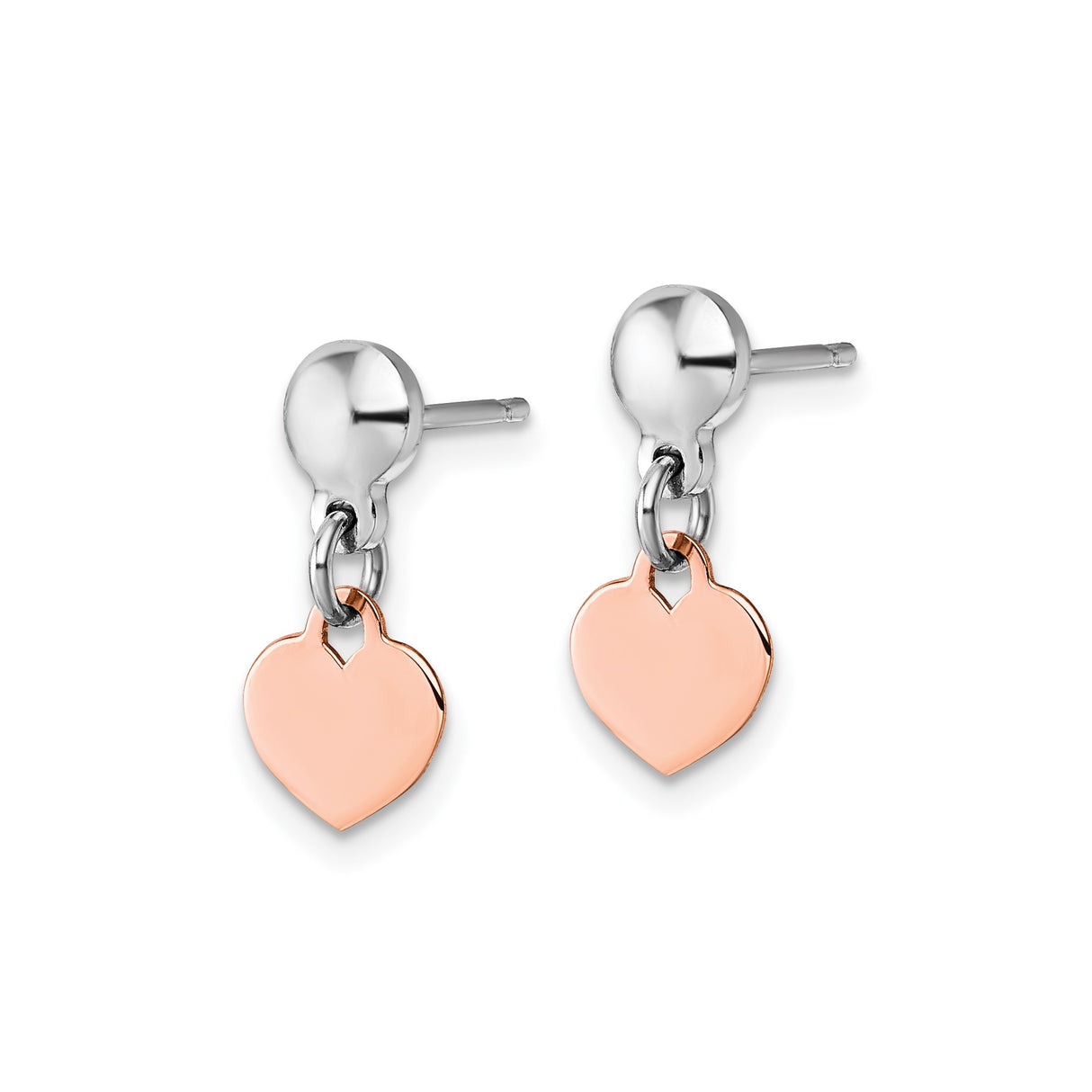 Sterling Silver Heart Dangle Stud Earrings, Two-Tone Rose Gold Accent, Minimalist Design for Women