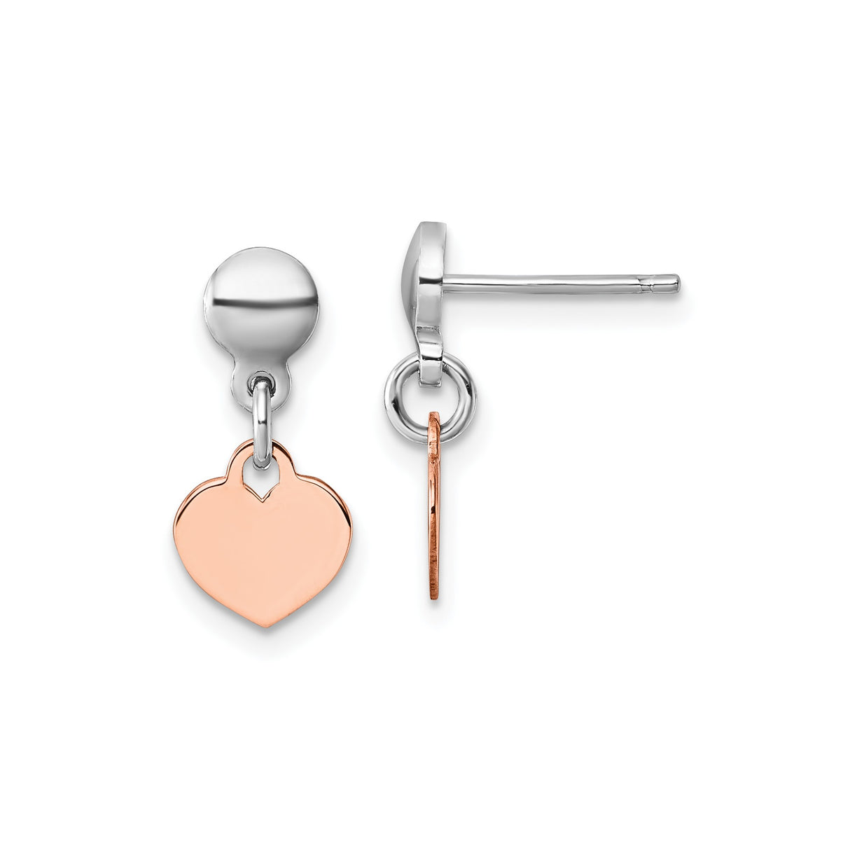 Sterling Silver Heart Dangle Stud Earrings, Two-Tone Rose Gold Accent, Minimalist Design for Women