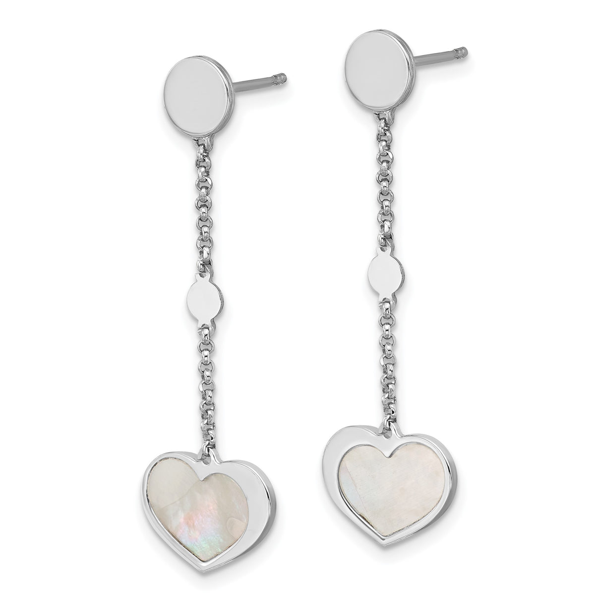 Sterling Silver Dangle Earrings with Heart Shaped Mother of Pearl Drop, Chain Design