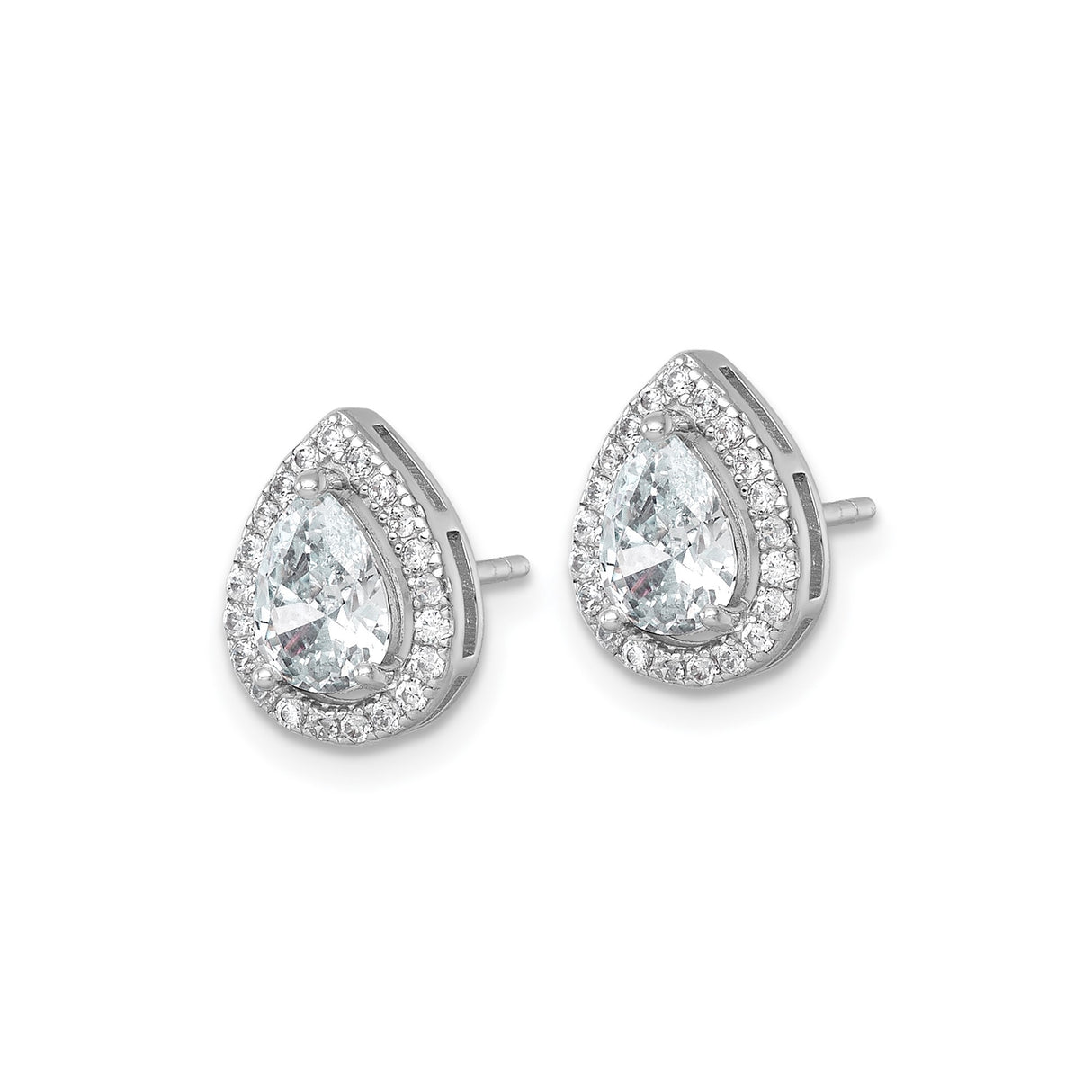 Sterling Silver Teardrop Stud Earrings with Clear Cubic Zirconia Halo, Rhodium Plated Design