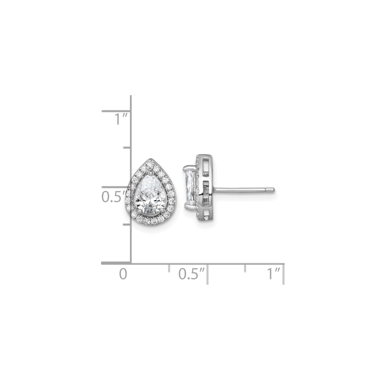 Sterling Silver Teardrop Stud Earrings with Clear Cubic Zirconia Halo, Rhodium Plated Design