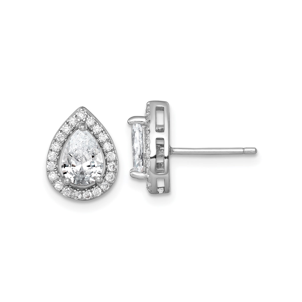 Sterling Silver Teardrop Stud Earrings with Clear Cubic Zirconia Halo, Rhodium Plated Design