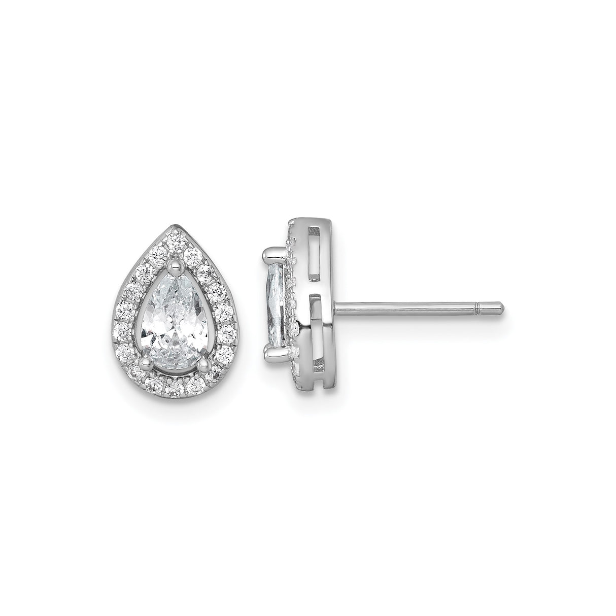 Sterling Silver Teardrop Stud Earrings with Pear Shaped Cubic Zirconia and Halo Design