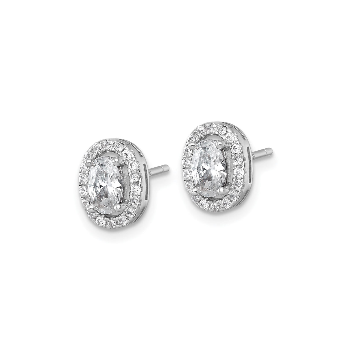 Sterling Silver Oval Halo Stud Earrings with Faceted Center Stone and Cubic Zirconia Accents
