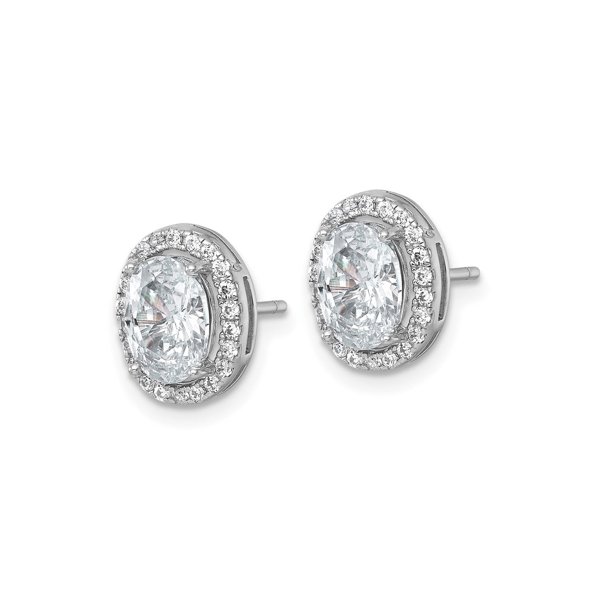 Sterling Silver Oval Stud Earrings with Clear Gemstone Center and Cubic Zirconia Halo