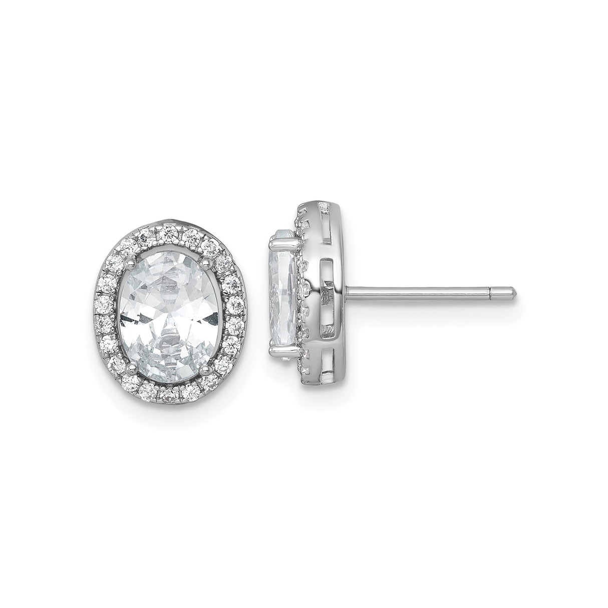 Sterling Silver Oval Stud Earrings with Clear Gemstone Center and Cubic Zirconia Halo