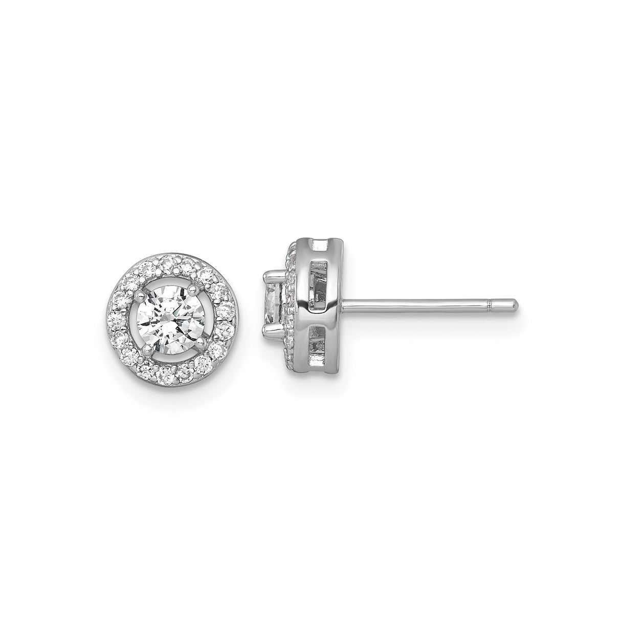 Sterling Silver Halo Stud Earrings with Round Cubic Zirconia Center and Accent Stones