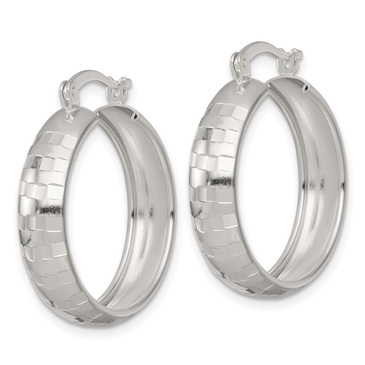Sterling Silver Hoop Earrings with Polished Diamond-Cut Checkerboard Texture