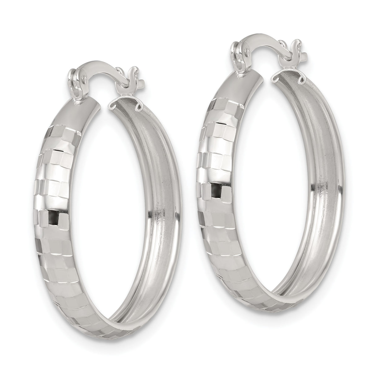 Sterling Silver Hoop Earrings, Diamond Cut Textured Medium Round Hoops with Hinged Closure