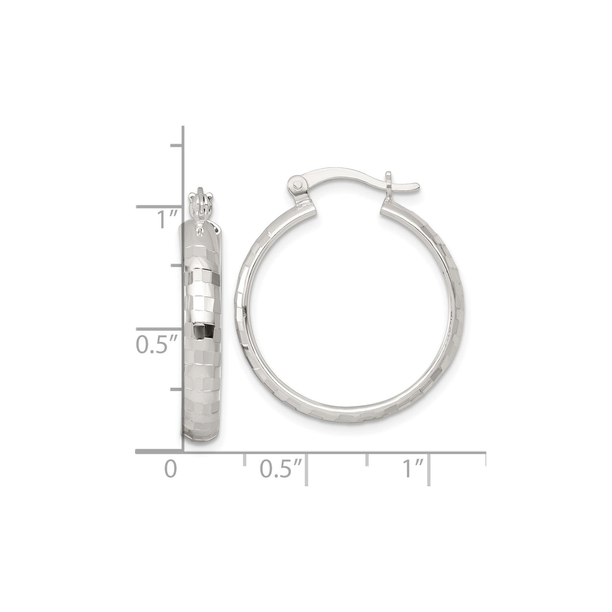 Sterling Silver Hoop Earrings, Diamond Cut Textured Medium Round Hoops with Hinged Closure