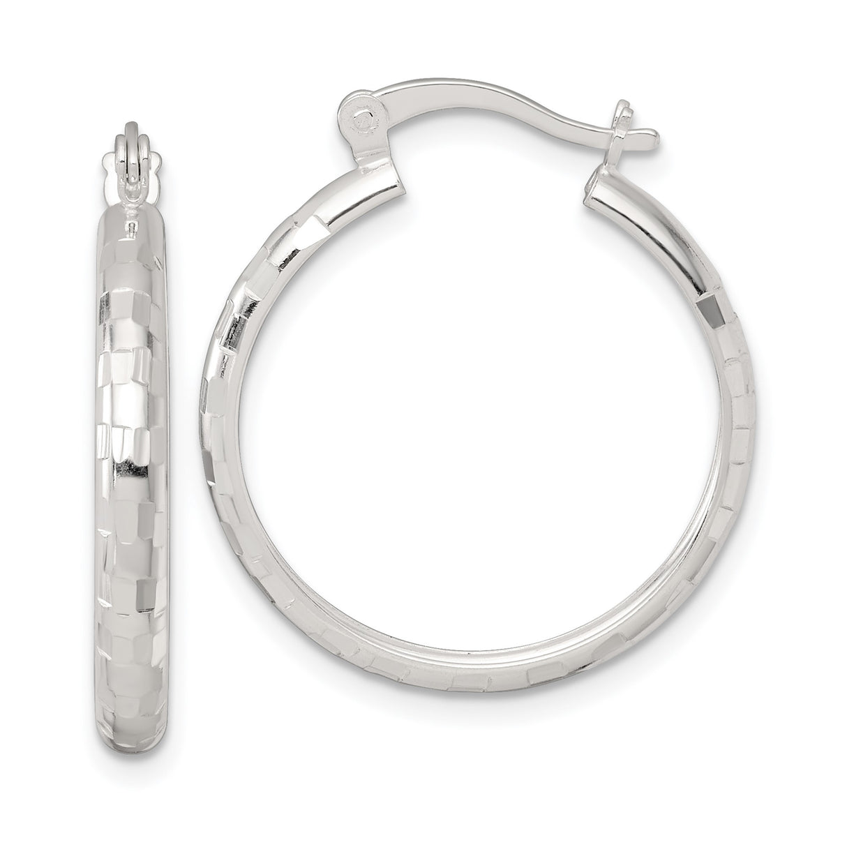 Sterling Silver Hoop Earrings with Diamond Cut Faceted Texture, Lightweight Minimalist Design