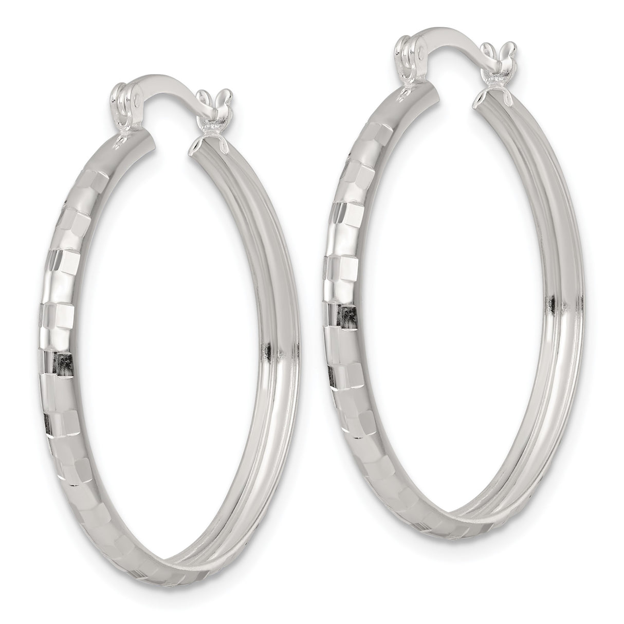 Sterling Silver Hoop Earrings, Textured Faceted Round Hoops with Geometric Design for Women