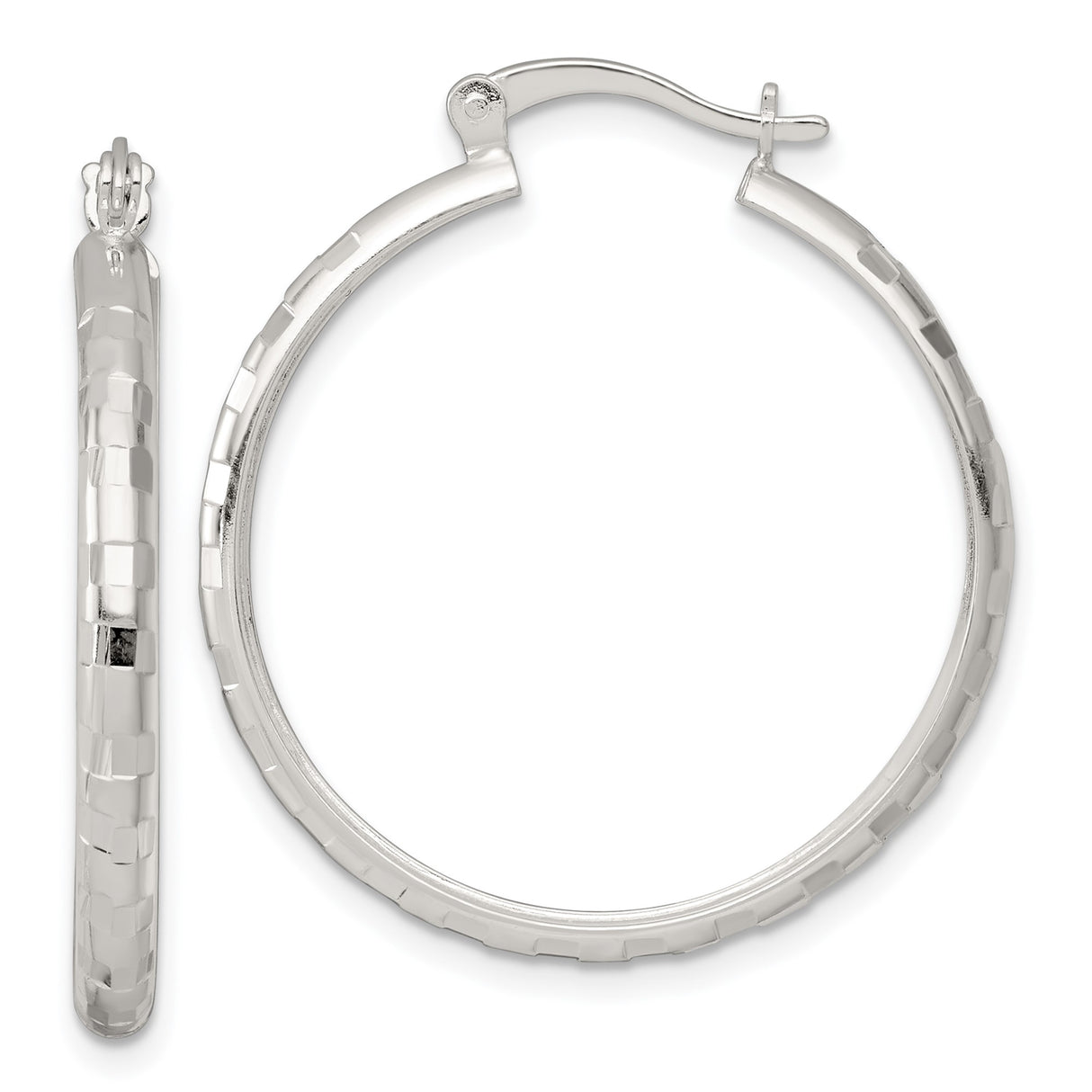 Sterling Silver Hoop Earrings, Textured Faceted Round Hoops with Geometric Design for Women