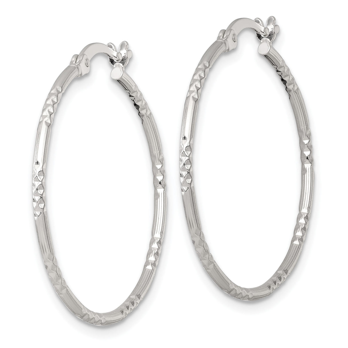 Sterling Silver Hoop Earrings with Diamond Cut Texture and Polished Finish, Medium Size
