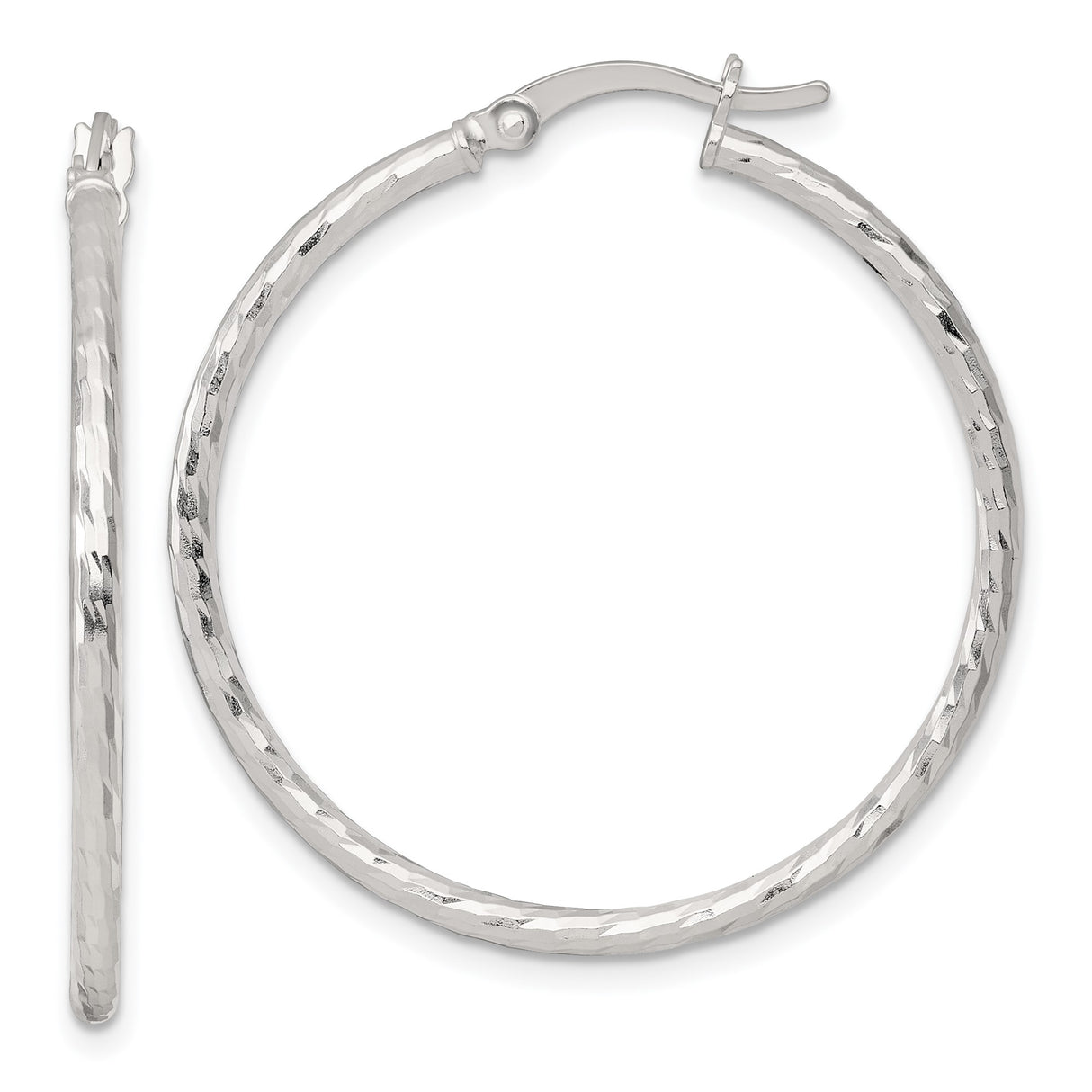 Sterling Silver Hoop Earrings, Hammered Faceted Texture, Lightweight Medium Round Design