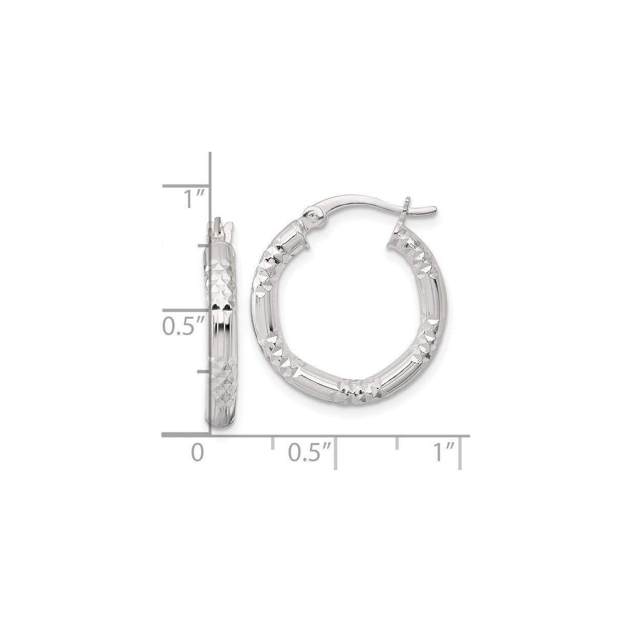 Sterling Silver Hoop Earrings, Diamond-Cut Textured Design with Faceted Finish for Women