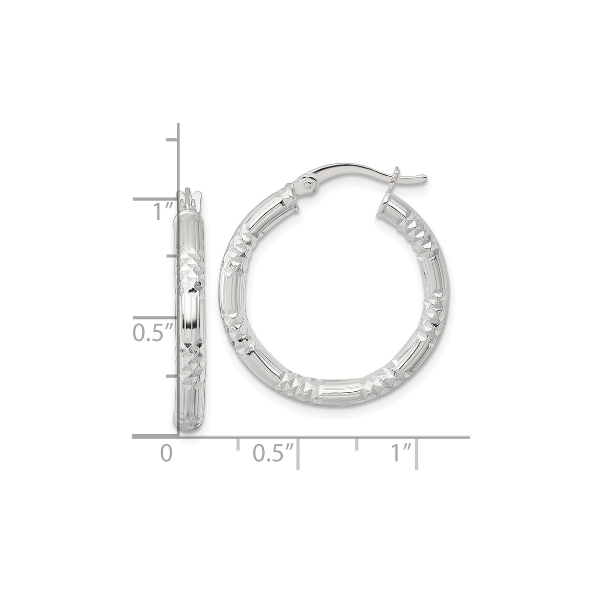 Sterling Silver Hoop Earrings, Diamond Cut Textured Design with Grooved Finish