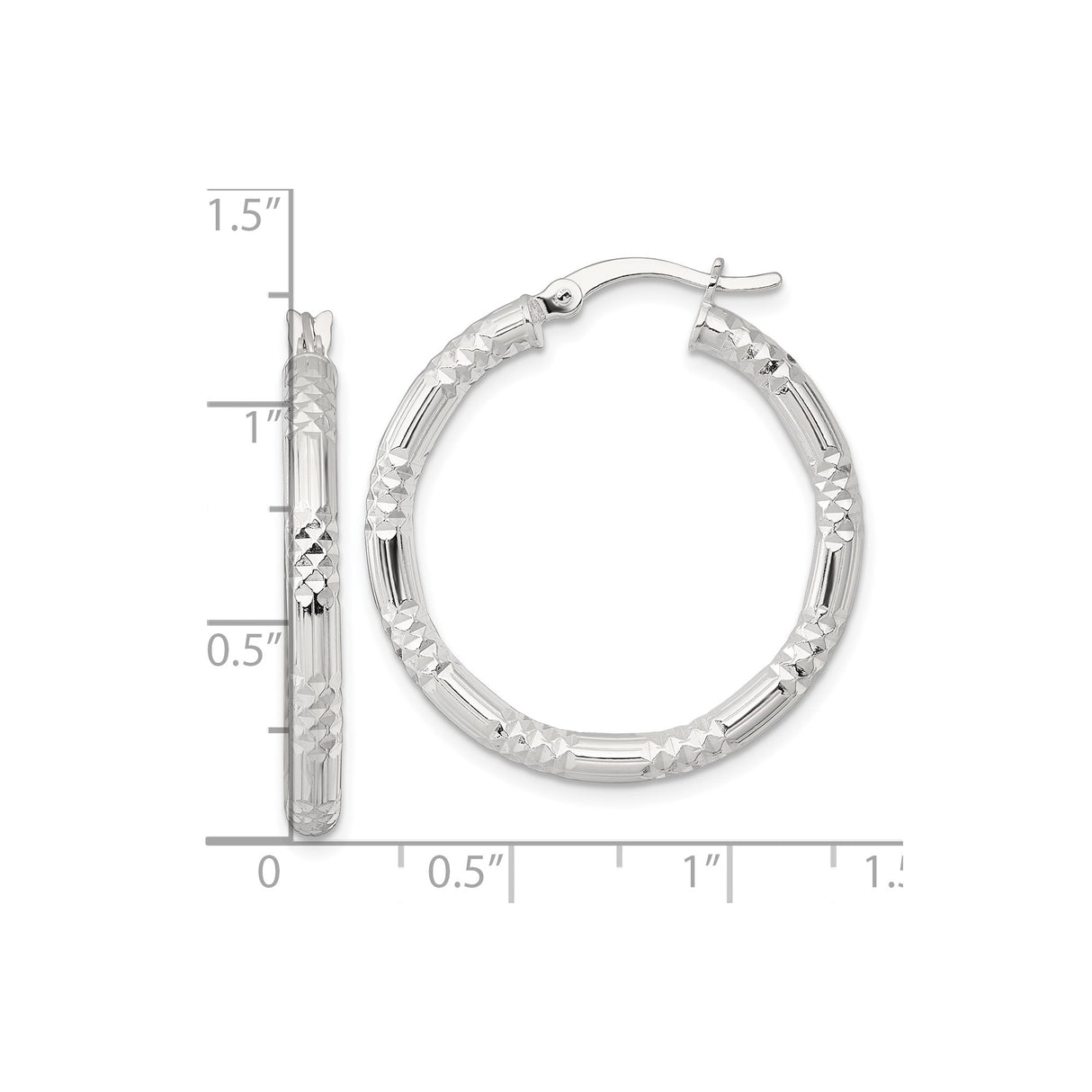 Sterling Silver Faceted Hoop Earrings, Diamond-Cut Textured Round Design for Women