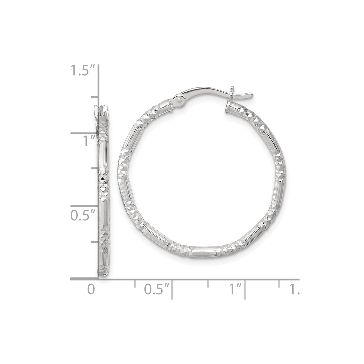 Sterling Silver Hoop Earrings, Medium Size with Diamond Cut Grooved Texture, Polished Finish