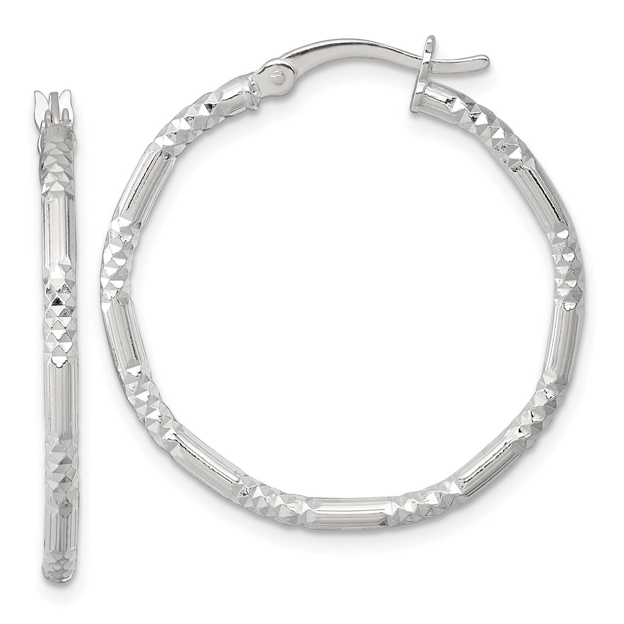 Sterling Silver Hoop Earrings, Medium Size with Diamond Cut Grooved Texture, Polished Finish