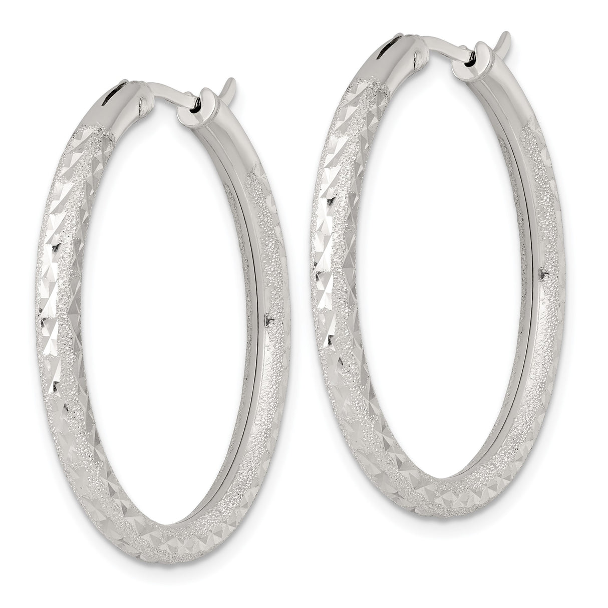 Sterling Silver Hoop Earrings, Textured Diamond Cut Round Design, Lightweight and Polished