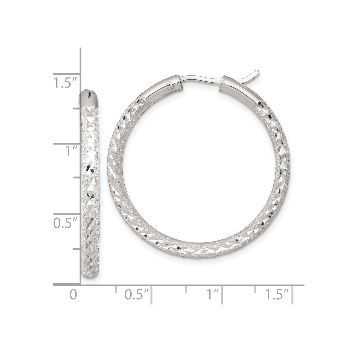 Sterling Silver Hoop Earrings, Textured Diamond Cut Round Design, Lightweight and Polished