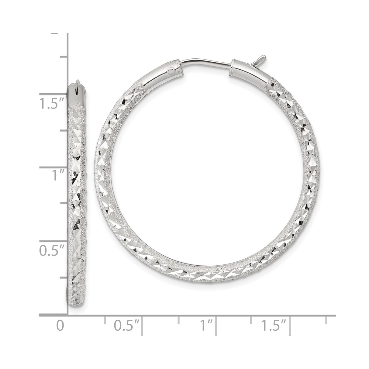 Sterling Silver Hoop Earrings, Textured Diamond Cut Round Lightweight Polished Design for Women