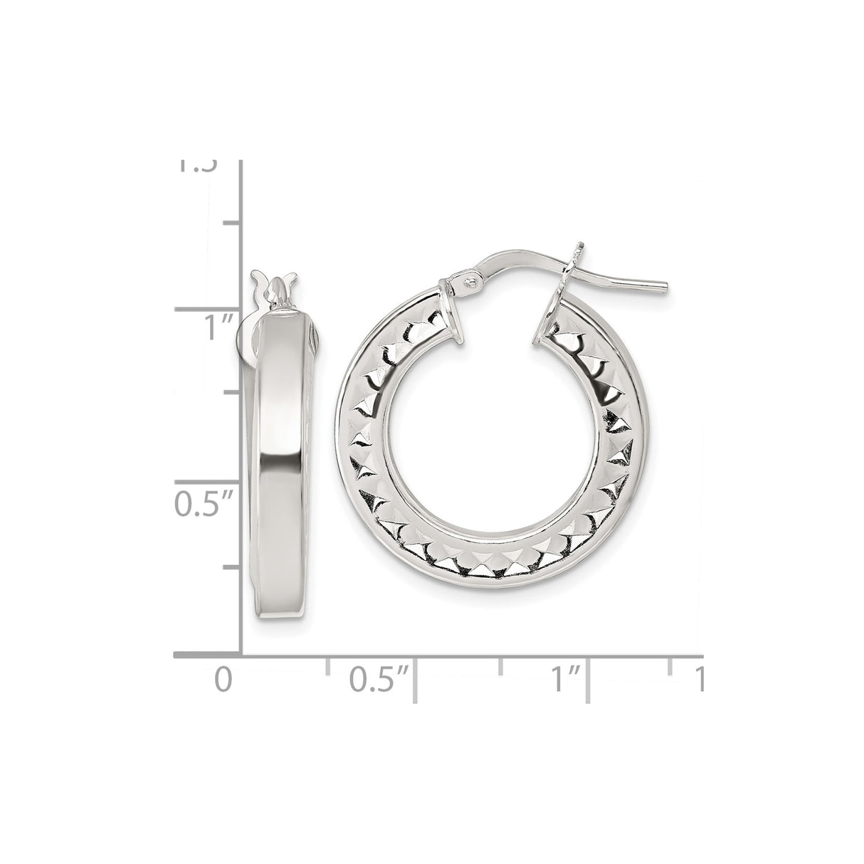 Sterling Silver Hoop Earrings, Faceted Diamond Cut with Polished Mirror Finish, Lightweight Medium Size