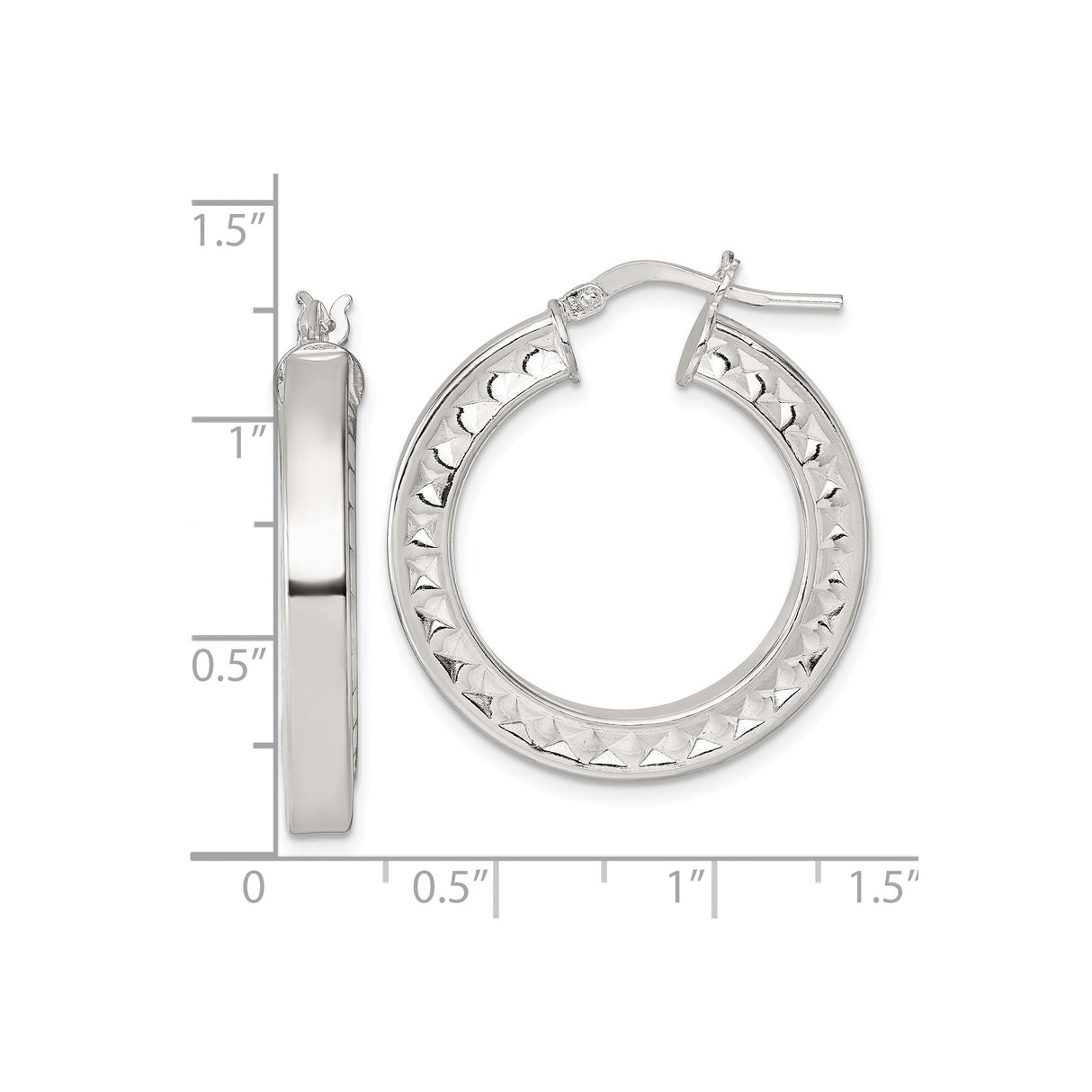 Sterling Silver Hoop Earrings with Diamond Cut Pyramid Texture and Polished Finish