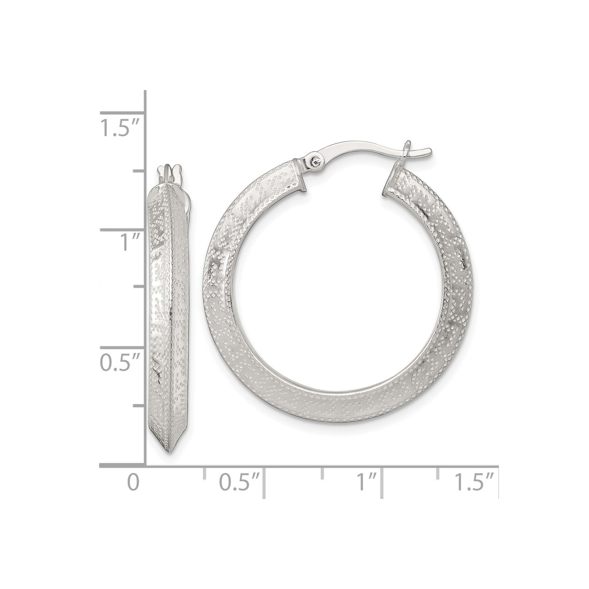 Sterling Silver Hoop Earrings, Wide Round Textured Design with Hammered Diamond-Cut Finish