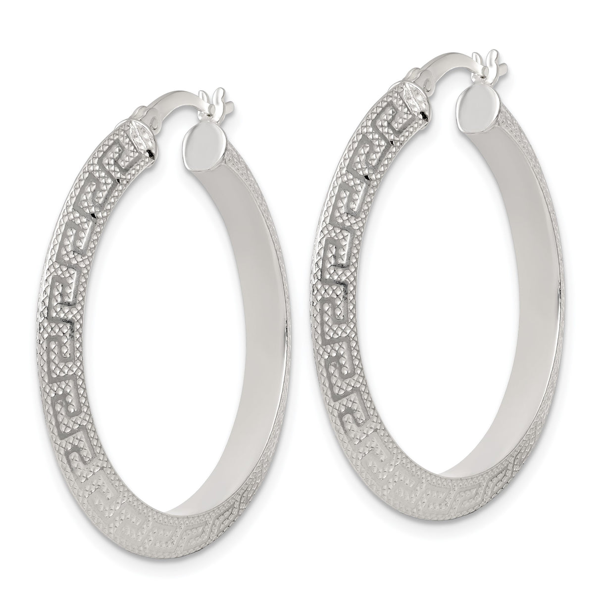 Sterling Silver Hoop Earrings with Textured Greek Key Pattern, Geometric Symbol of Unity and Infinity