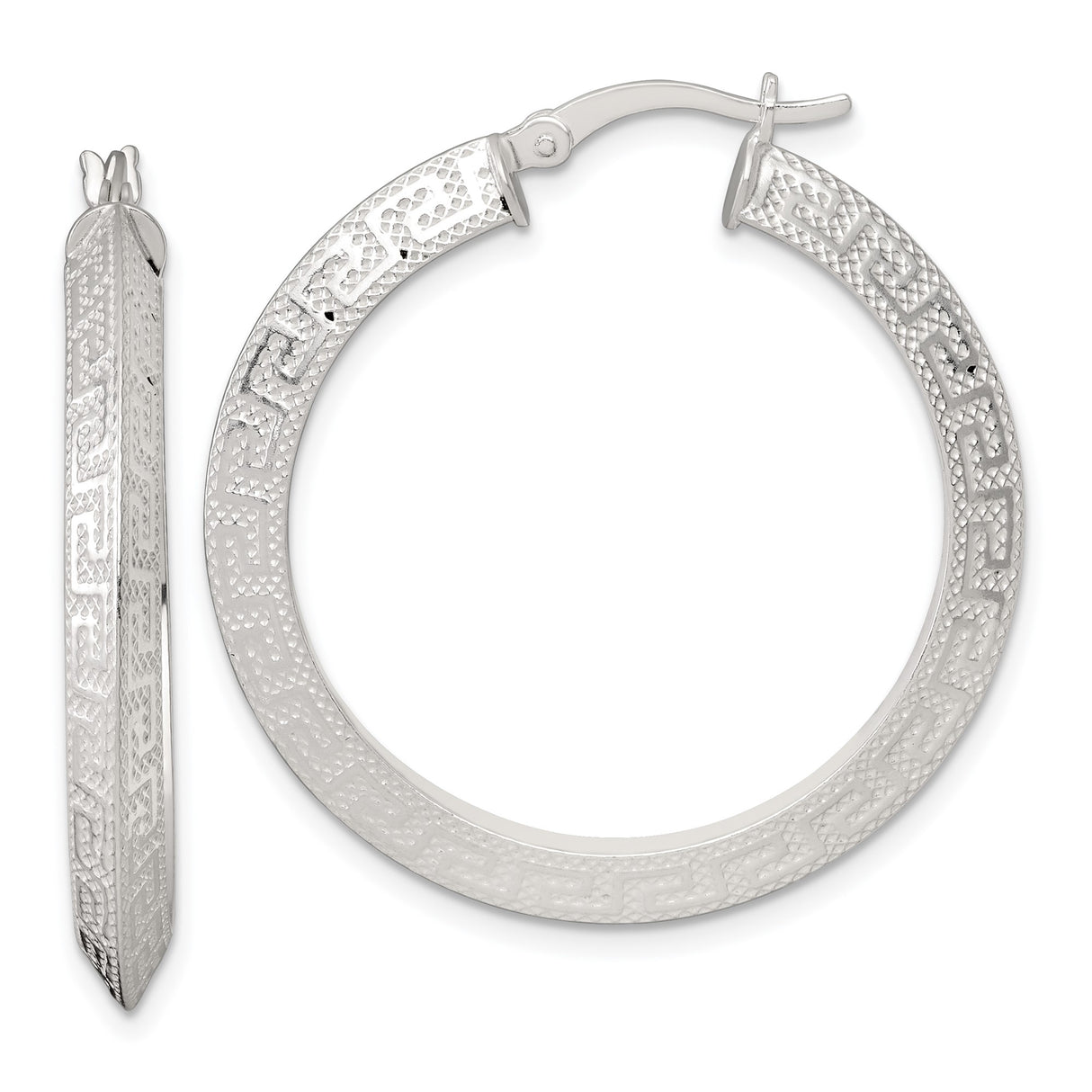 Sterling Silver Hoop Earrings with Textured Greek Key Pattern, Geometric Symbol of Unity and Infinity