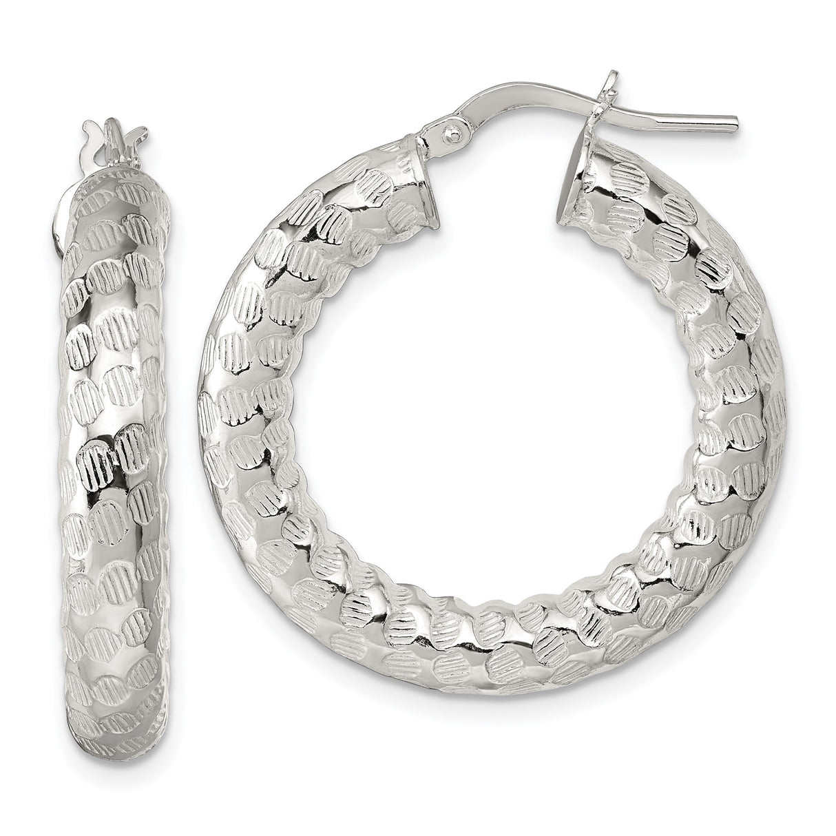 Sterling Silver Hoop Earrings with Hammered Finish, Latch-Back Closure, Contemporary Style