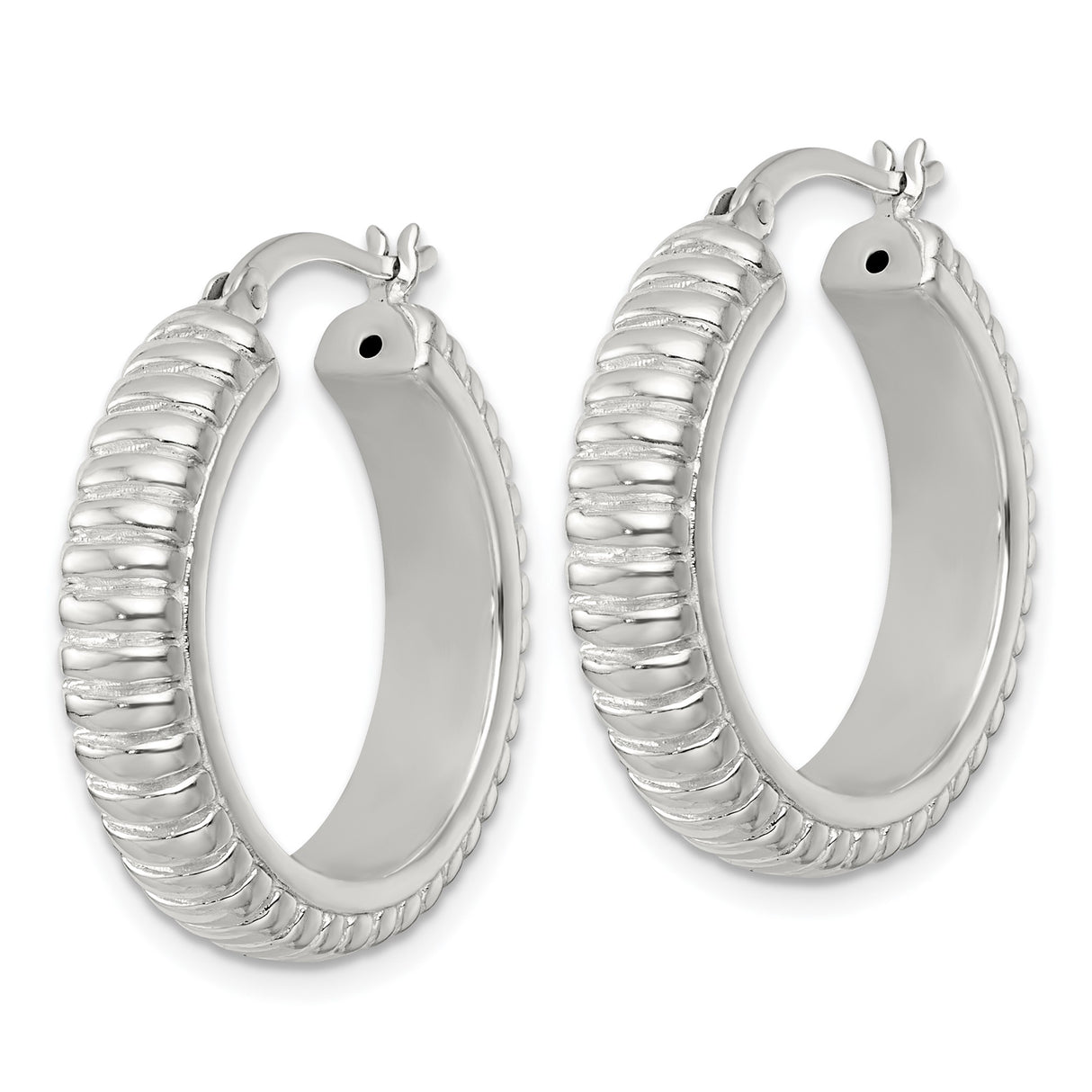 Sterling Silver Hoop Earrings with Ribbed and Beaded Texture, Lightweight Hollow Design