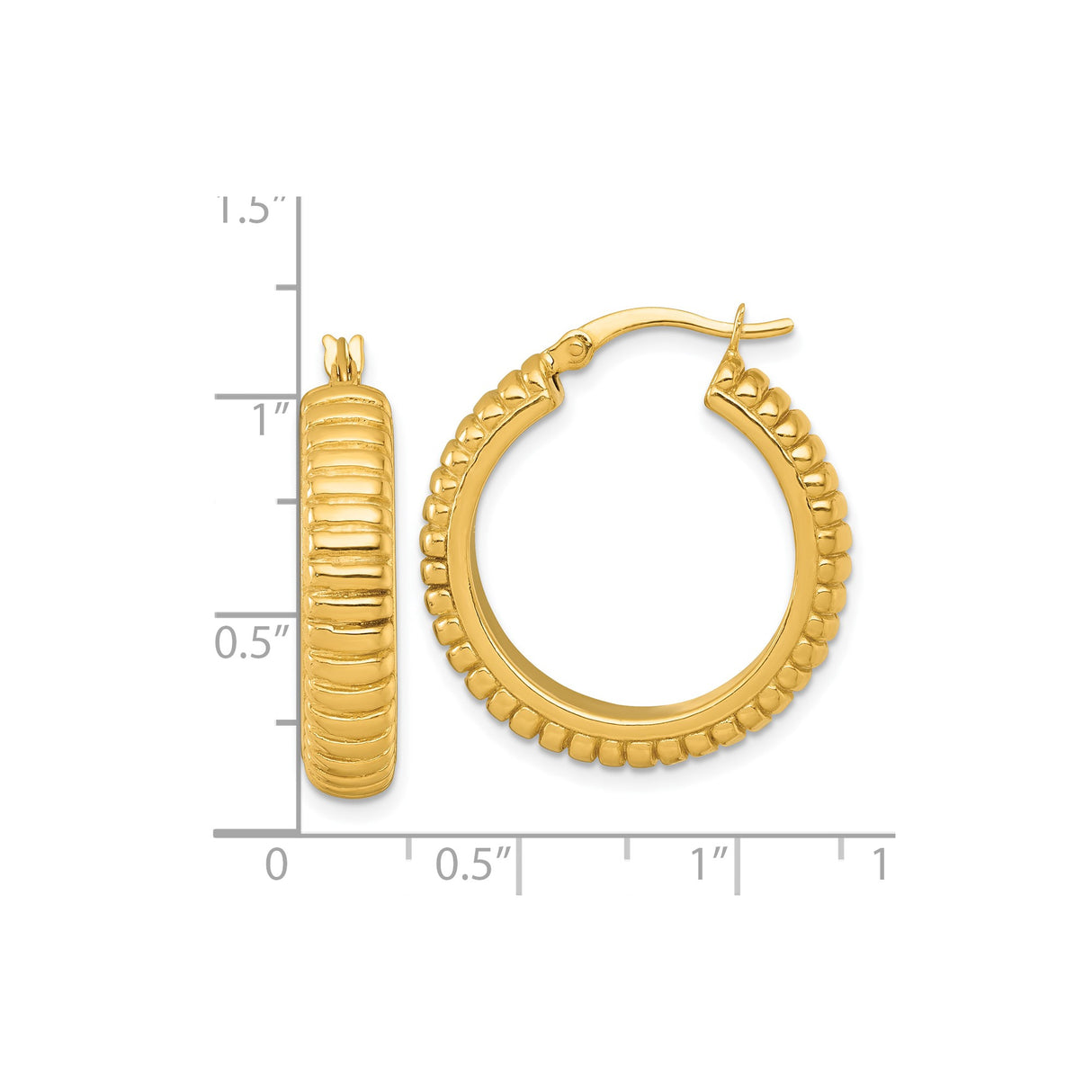 Sterling Silver Gold Plated Hoop Earrings, Ribbed Textured Modern Design for Women