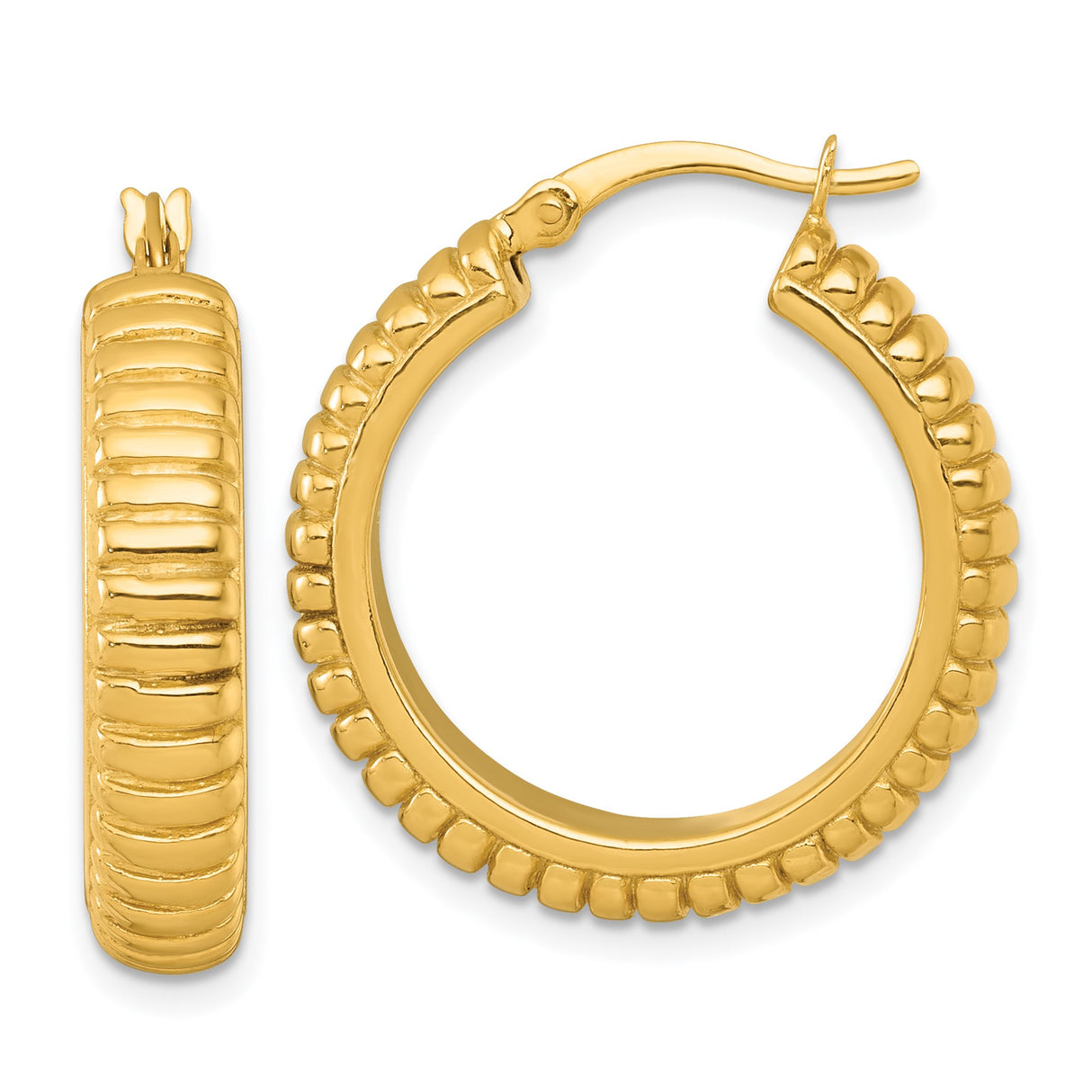 Sterling Silver Gold Plated Hoop Earrings, Ribbed Textured Modern Design for Women