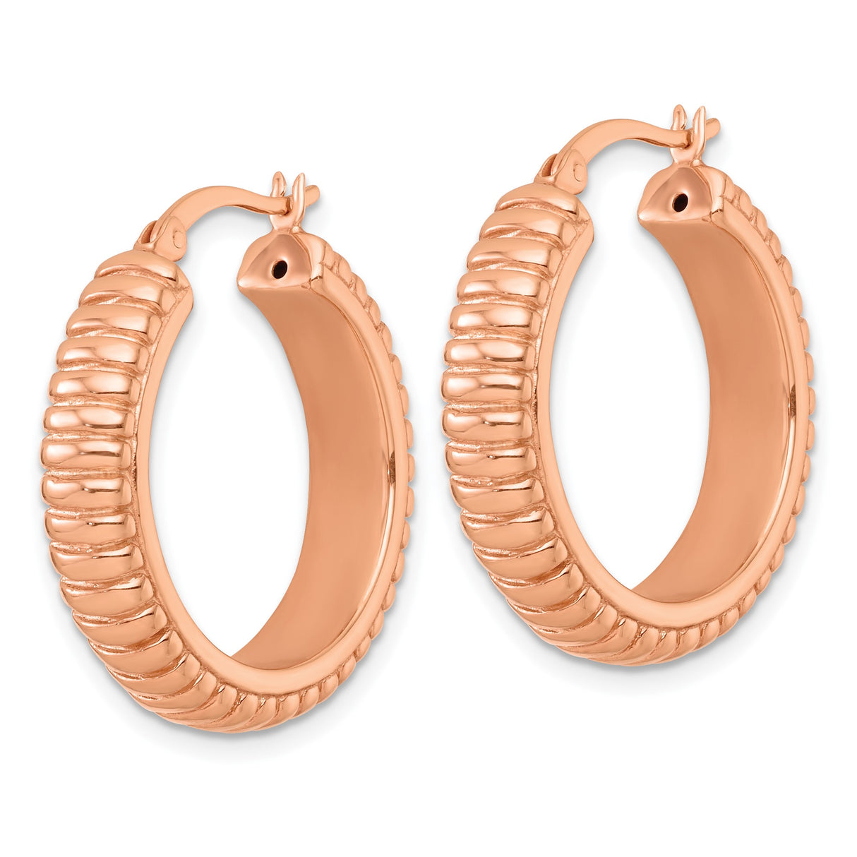 Sterling Silver Rose Gold-Plated Ribbed Hoop Earrings, Textured Round Hollow Design