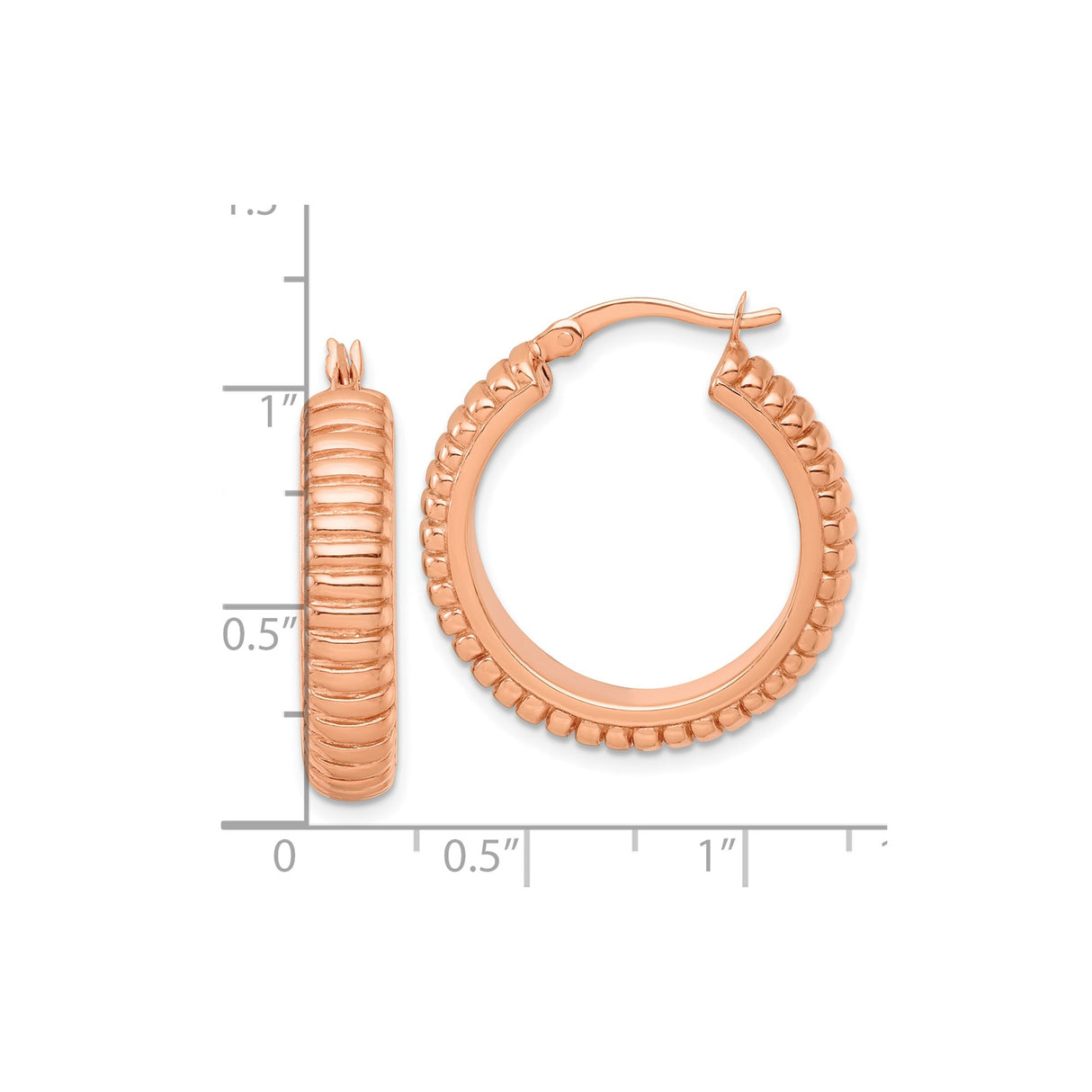 Sterling Silver Rose Gold-Plated Ribbed Hoop Earrings, Textured Round Hollow Design