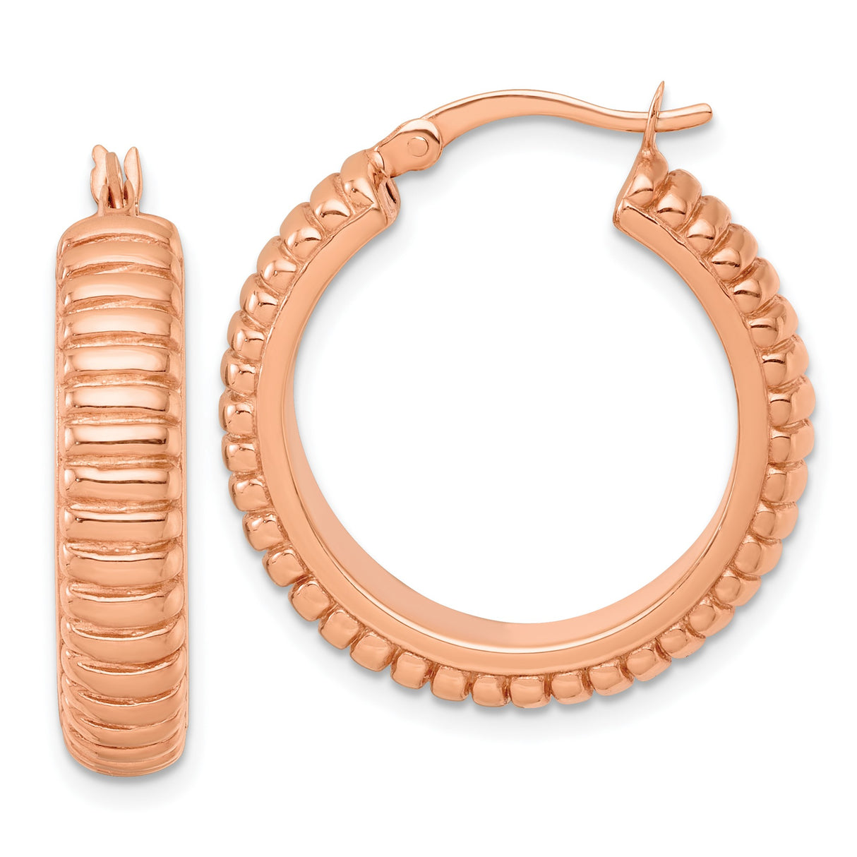 Sterling Silver Rose Gold-Plated Ribbed Hoop Earrings, Textured Round Hollow Design