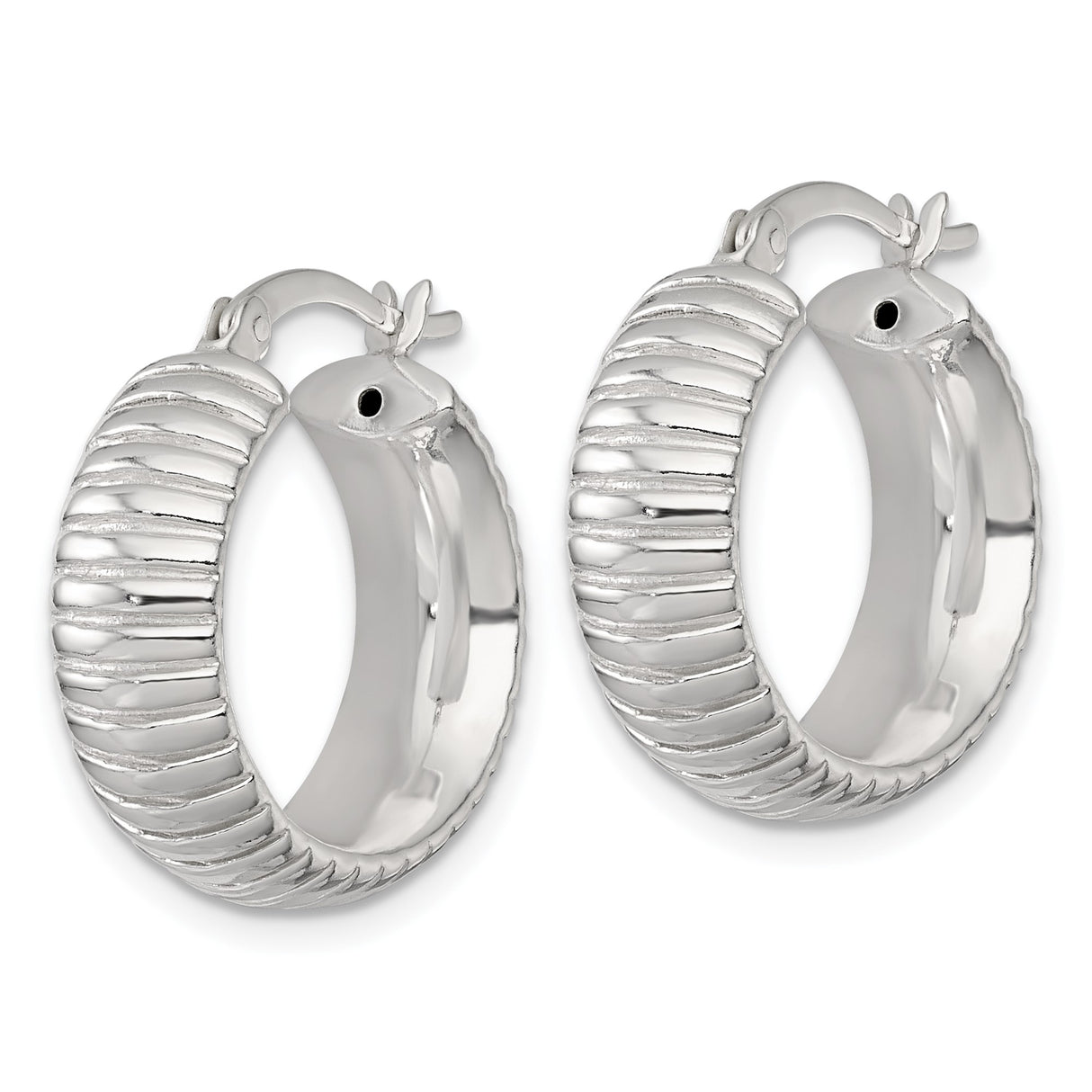 Sterling Silver Hoop Earrings, Ribbed Textured Design, Polished Finish, Latch Back Closure