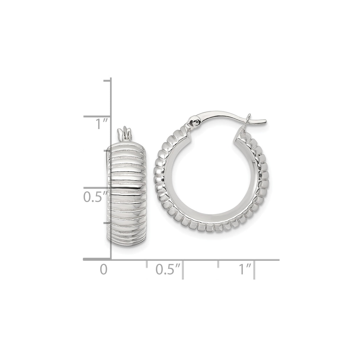 Sterling Silver Hoop Earrings, Ribbed Textured Design, Polished Finish, Latch Back Closure