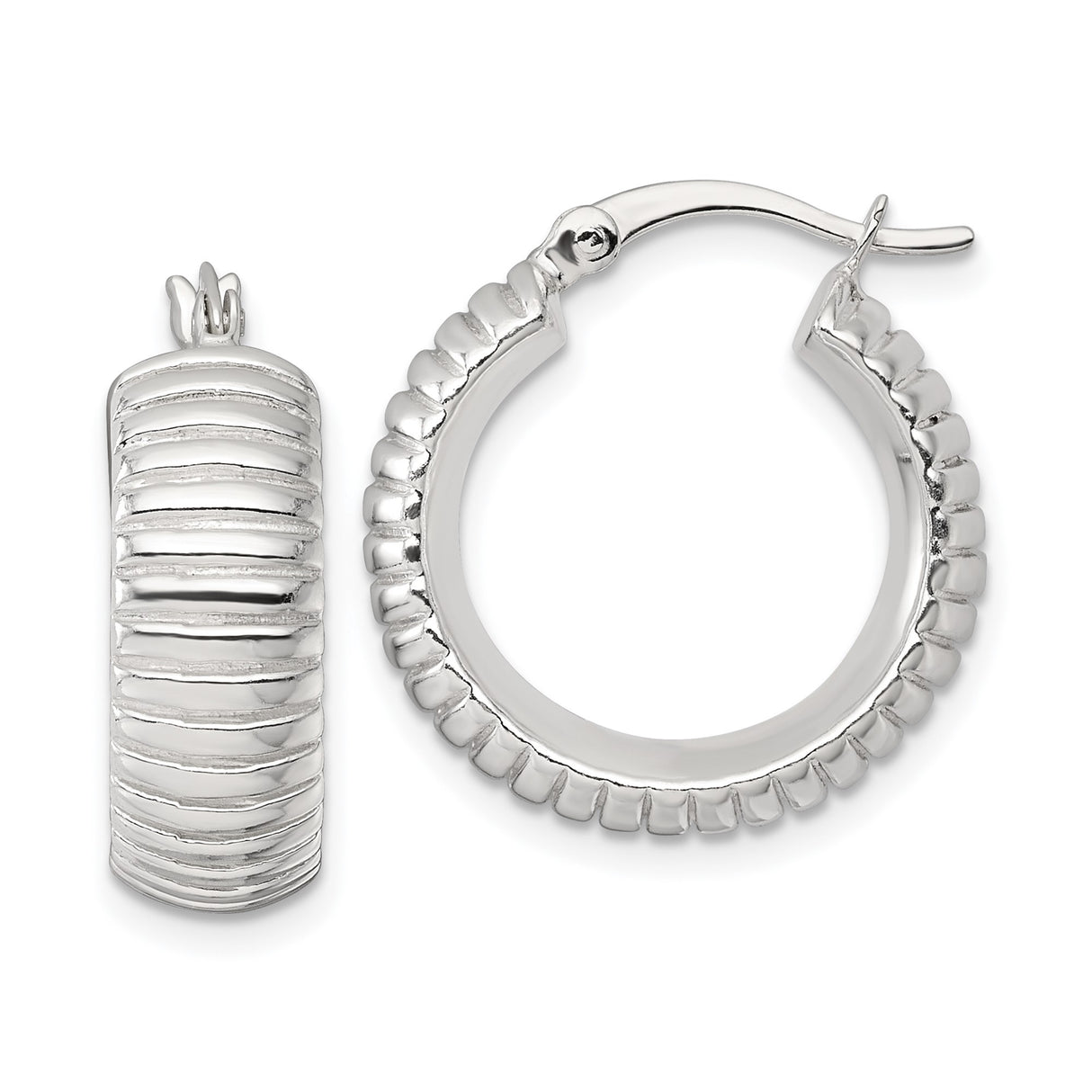 Sterling Silver Hoop Earrings, Ribbed Textured Design, Polished Finish, Latch Back Closure