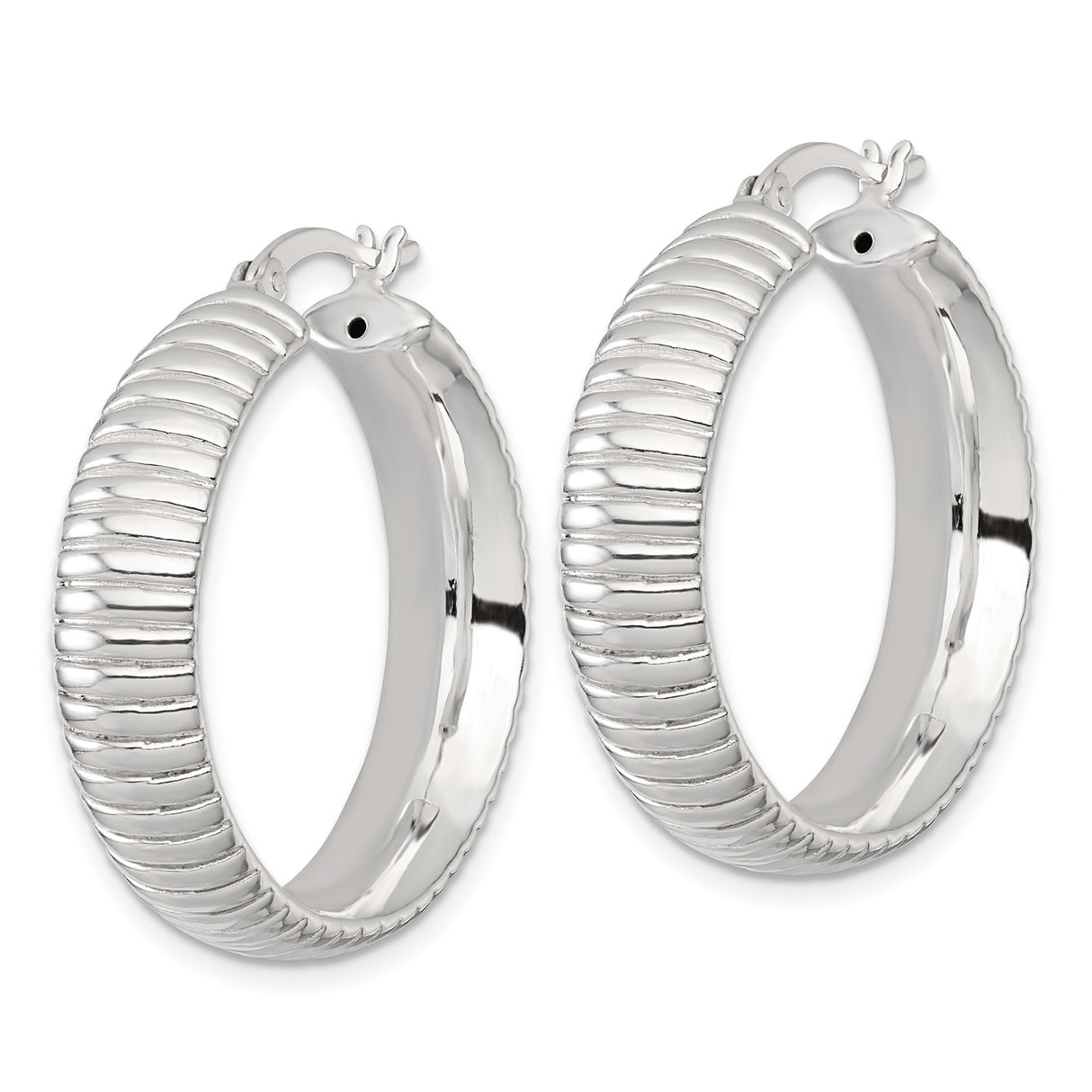 Sterling Silver Hoop Earrings, Ribbed Textured Lightweight Round Design for Women