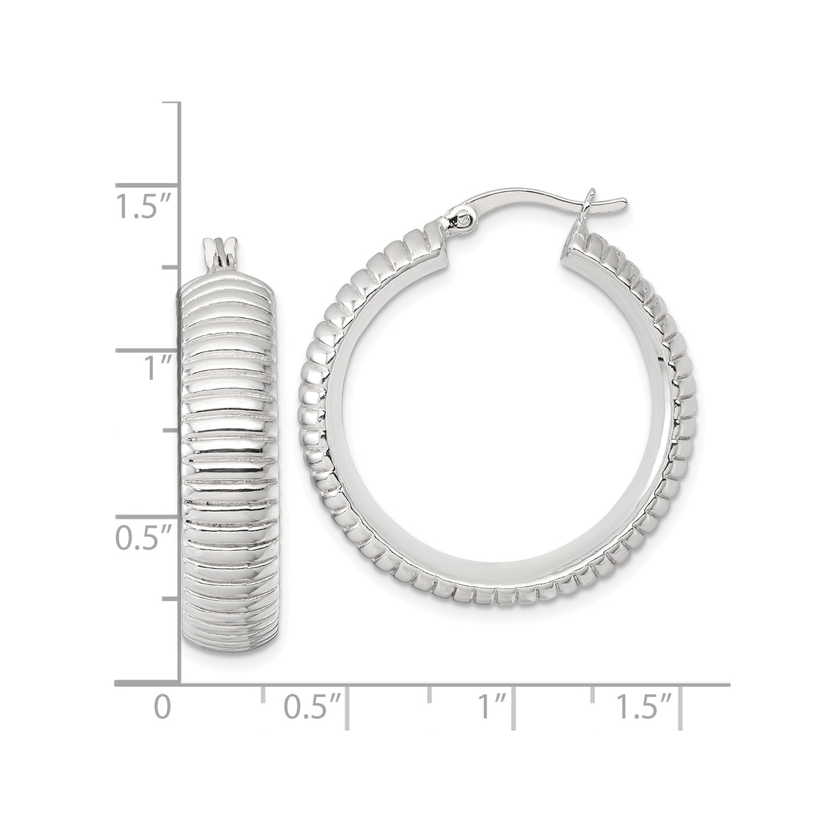 Sterling Silver Hoop Earrings, Ribbed Textured Lightweight Round Design for Women