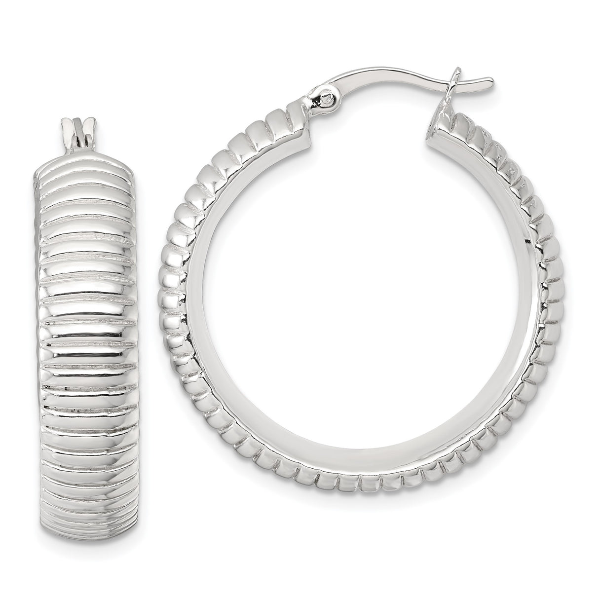 Sterling Silver Hoop Earrings, Ribbed Textured Lightweight Round Design for Women