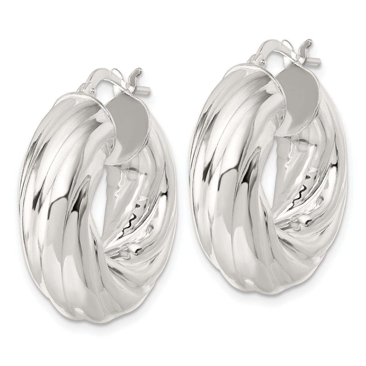 Sterling Silver Twisted Hoop Earrings, Chunky Ribbed Design, High Polish Finish