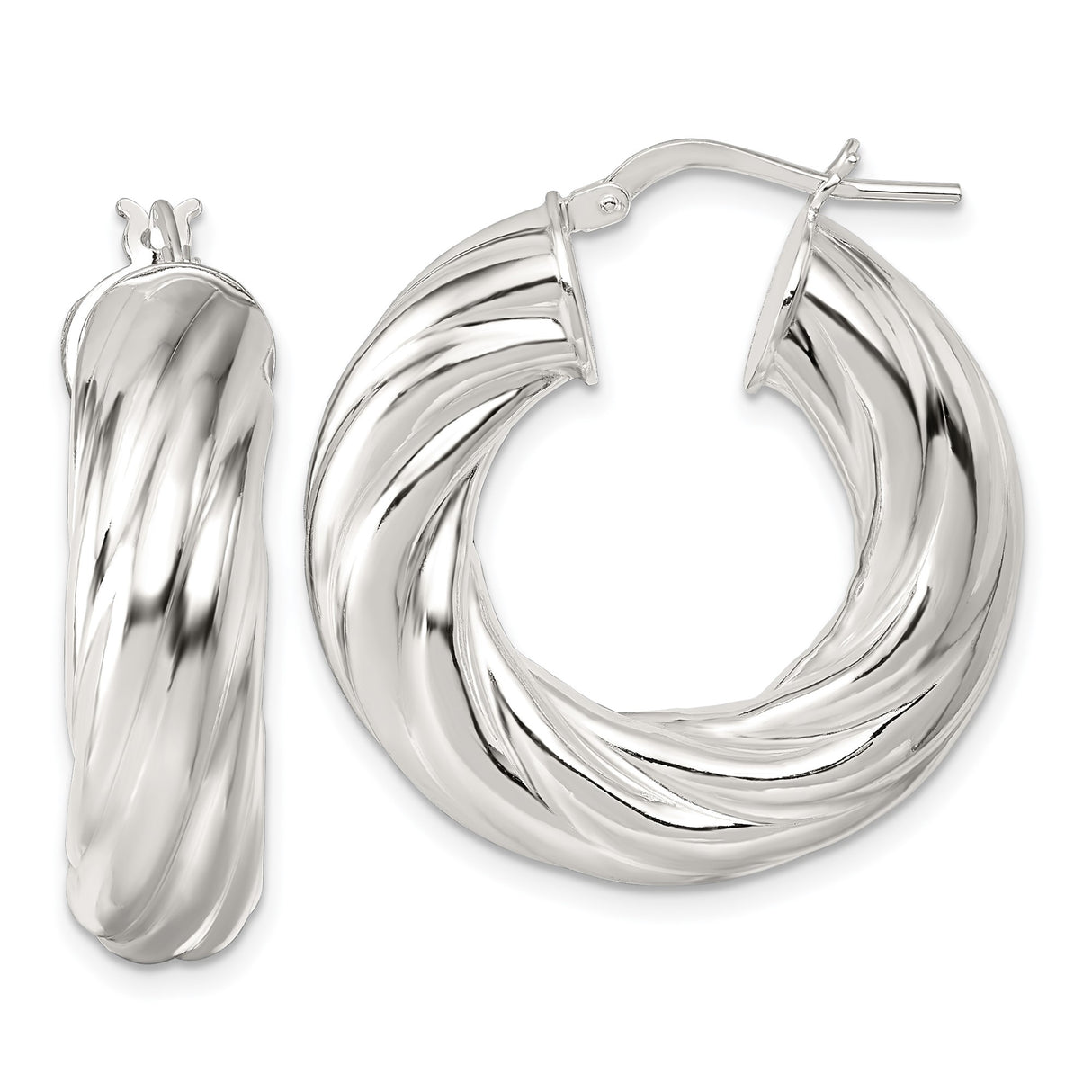 Sterling Silver Hoop Earrings with Twisted Rope Design and High Polish Finish