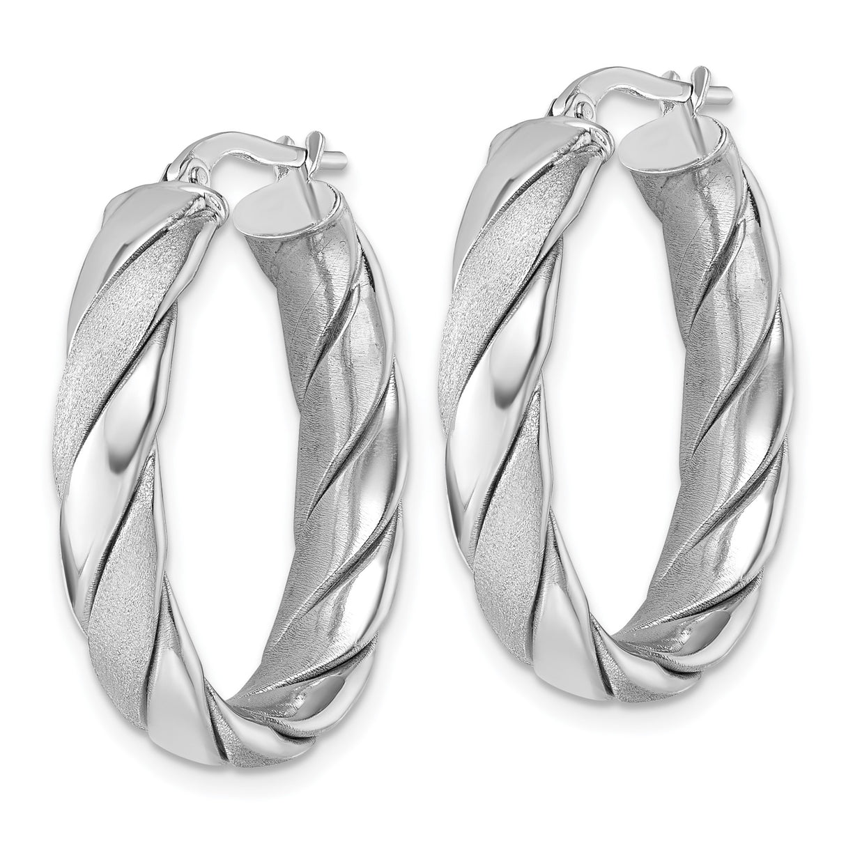 Sterling Silver Twisted Oval Hoop Earrings with Satin and Polished Swirl Design
