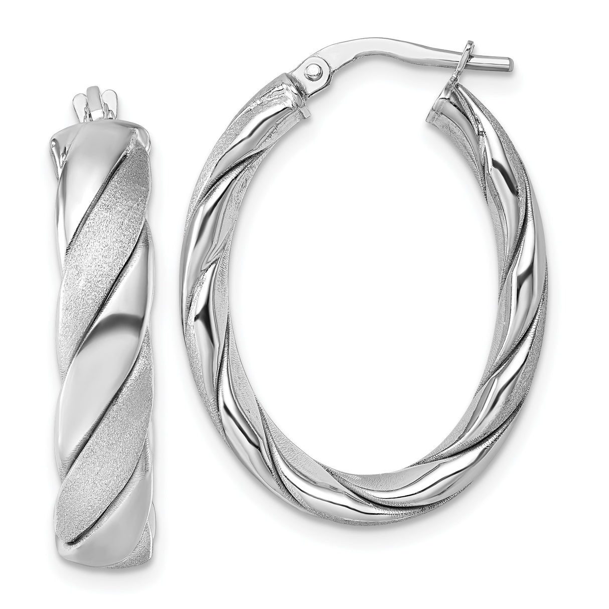 Sterling Silver Twisted Oval Hoop Earrings with Satin and Polished Swirl Design